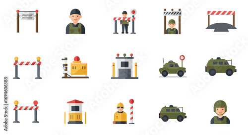 Security and checkpoint icons featuring guards, vehicles, and barricades
