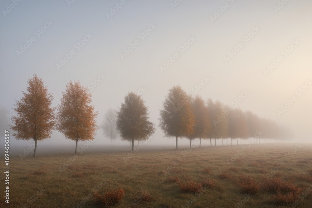 Fototapeta premium Reihe herbstlicher Bäume im Morgennebel auf einer Wiese mit sanfter Lichtstimmung