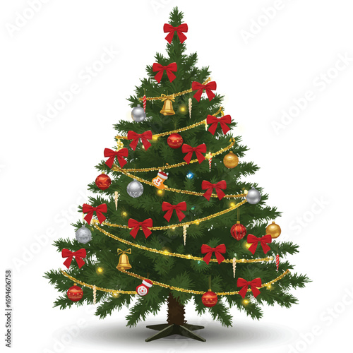 This realistic 2D vector illustration captures a traditional Christmas tree, richly decorated with vibrant red bows, standing prominently against a clean white background.