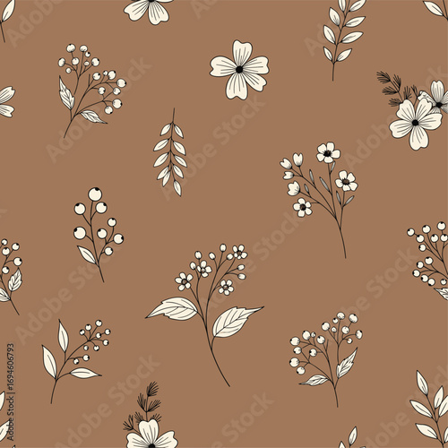 Delicate floral pattern on earthy brown background with tiny blossoms and leaves