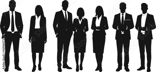 Business professionals silhouette group in formal attire standing confidently, representing corporate team, office staff, leadership and executive workforce.