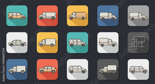 Colorful flat icon set with various vehicle designs in square format