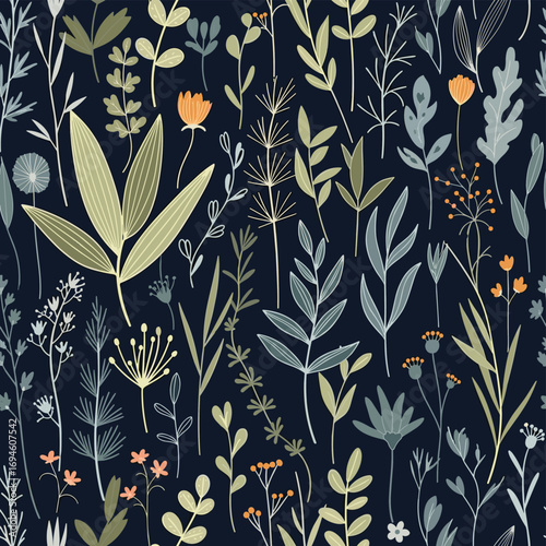 An enchanting dark navy botanical garden pattern full of delicate wildflowers and lush foliage in various verdant hues