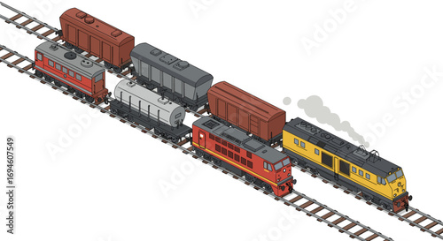 Isometric cargo train with locomotive on tracks in detailed industrial design