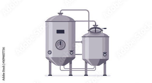 Industrial brewery equipment with connected metal tanks for brewing process