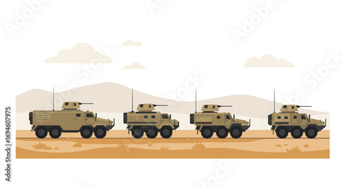 Military convoy in desert landscape with armored vehicles