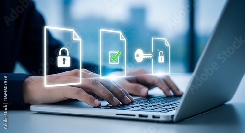 Hands typing on laptop near glowing digital icons representing data security document protection encryption
