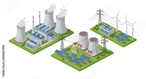 Isometric energy plants: nuclear, solar, and wind power illustrations