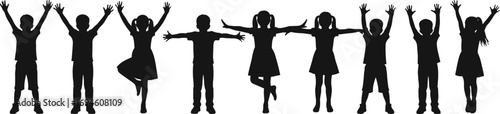 Silhouettes of cheerful children raising hands, standing and playing together, representing happiness, childhood unity, fun, and energetic group activity.