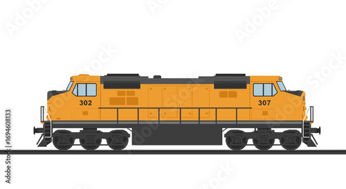 Detailed side view of powerful yellow freight train engine on tracks