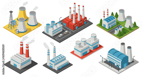 Isometric industrial buildings and factories set with chimneys and cooling towers