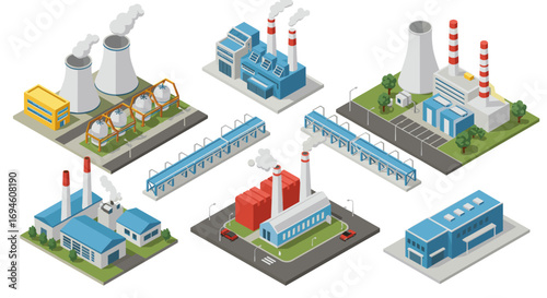 Industrial isometric design featuring factories and power plants with smokestacks