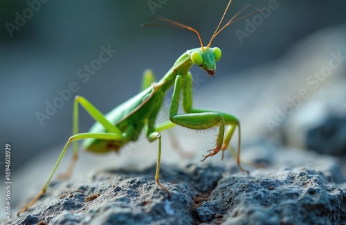 Detailed macro photo of vibrant green praying mantis insect resting on textured rock. Characteristic raptorial forelegs visible, along with large compound eyes, long antennae. Shallow depth of field