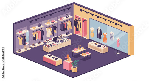 Isometric fashion boutique interior with clothing and accessories display