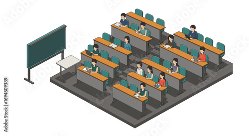 Isometric classroom with students engaged in learning