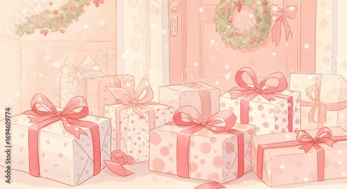 Aesthetic Gift Presentation with bows and ribbons. Capture the joyous celebration and the delightful elements of giving, highlighting the beautiful wrapping and presentation, emphasizing the joy.