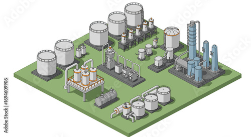 Isometric industrial factory layout with tanks and pipelines on green base