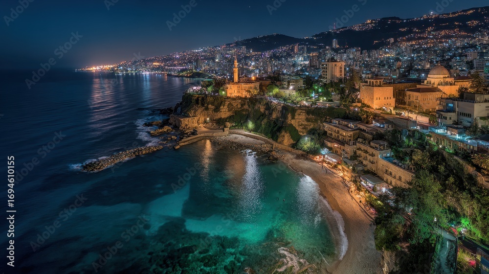 Obraz premium Lebanon Beach. Aerial View of Beirut Architecture and Beautiful Blue Beach at Night