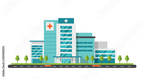Contemporary flat style hospital building with road and cars