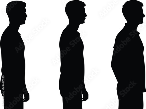 Three Black Silhouette Men Side View Standing Isolated Against White Background