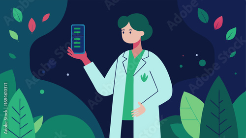 Field Use A person in a lab coat standing in a lush forest holding a handheld DNA sequencer analyzing a leaf sample with a digital display showing nucleotide sequences.