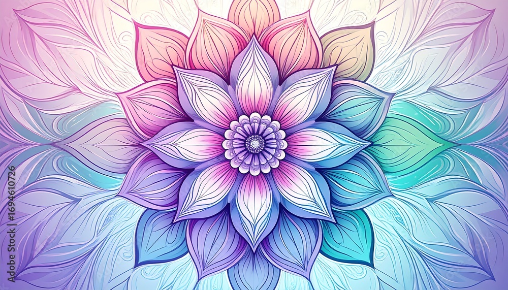 Obraz premium A vibrant, intricately detailed floral design, featuring a large, symmetrical flower with numerous delicate petals, in a stunning array of pastel colors.