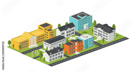 Isometric cityscape with colorful buildings and streets highlighting urban architecture