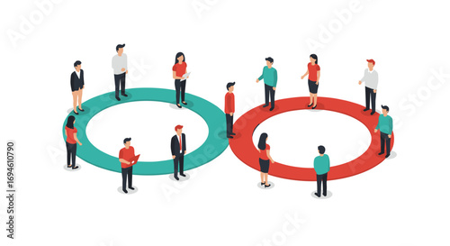 Isometric business team collaboration in two circular groups