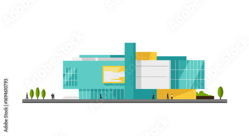 Modern art museum with geometric architectural design and people in minimalist flat style