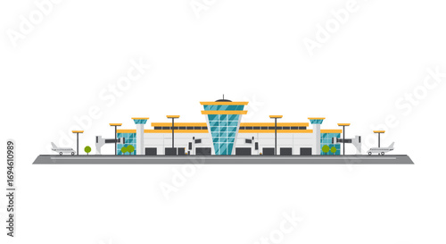 Modern airport architecture with airplanes ready for boarding on runway