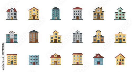 Charming urban house collection showcasing colorful building designs in minimalist style