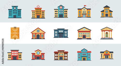 Colorful flat style building icons featuring hospitals, schools, and public structures