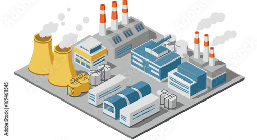 Isometric industrial complex with factories and cooling towers