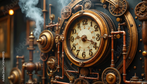 Steampunk clock intricate design with gears, brass elements, steam effects. Industrial aesthetic craftsmanship with wood, copper details. Mechanical horologe evokes vintage, retro, clockwork fantasy.