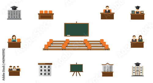 Flat style education and office elements with buildings and furniture icons