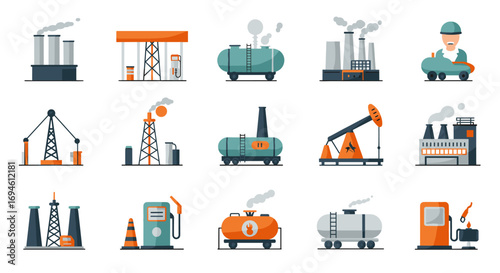 Industrial energy icons set featuring oil, gas, and refinery elements in modern flat style