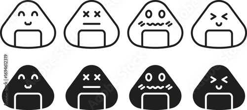 A collection of cute onigiri (Japanese rice ball) icons, each with a different facial expression such as happy, sad, and surprised. The icons are shown in both outlined and solid black styles.