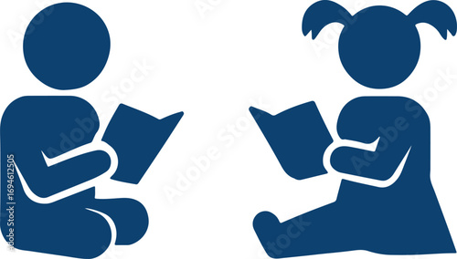 Silhouette Vector of Child and Girl Reading Book on White Background