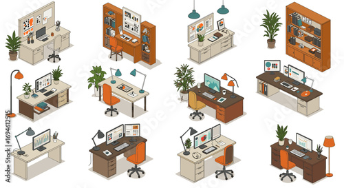 Isometric office desks collection with modern workspaces and decor