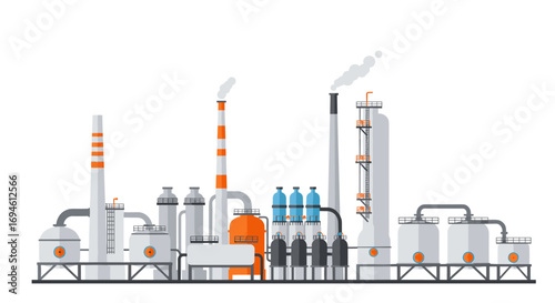 Industrial factory skyline with smokestacks and tanks in flat design