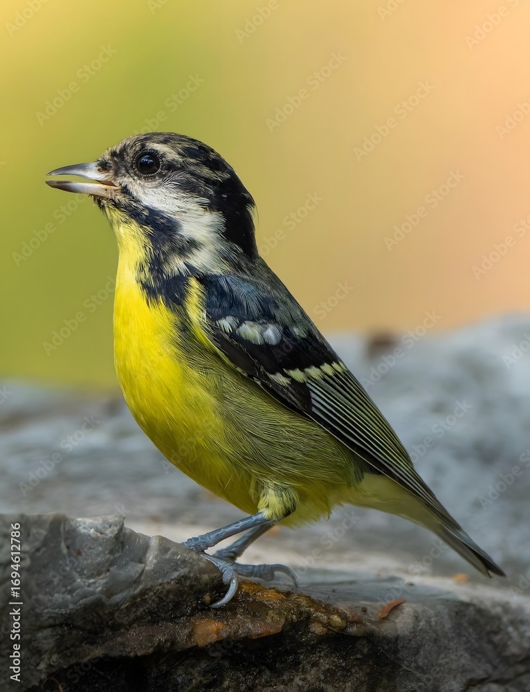 Obraz premium Small Yellow Bird with Black Markings Perched on Stone Against Warm Golden Background - Wildlife Portrait