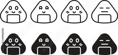 A collection of cute onigiri (Japanese rice ball) icons, each with a different facial expression such as happy, sad, and surprised. The icons are shown in both outlined and solid black styles.