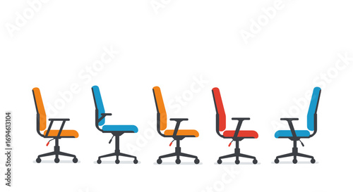 Colorful office chairs in row with white background for modern workspace design