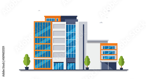 Modern urban building exterior with geometric architectural design in flat style