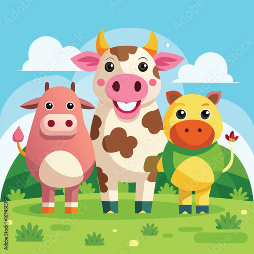 Farm Animal Friends Colorful Vector Illustration with Cow, Piglet, and Duck for Rural and Agriculture Themes, Flat EPS Vector Illustration on a Field Background

