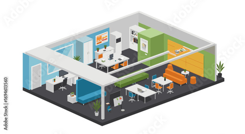 Modern office space in isometric design with open workstations and vibrant colors