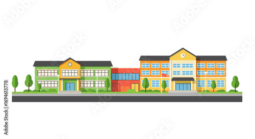 Colorful school building facades in flat design with trees and road