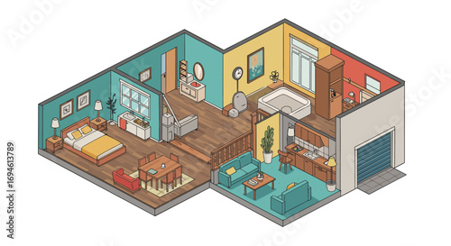 Cozy isometric home interior with bedroom, living room, and kitchen