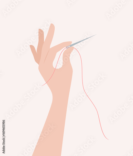 Hand holding needle with red thread, flat vector illustration