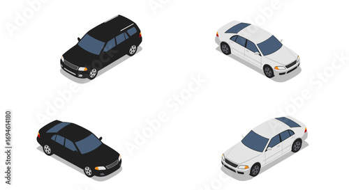 Isometric cars set on white background featuring black and white sedans